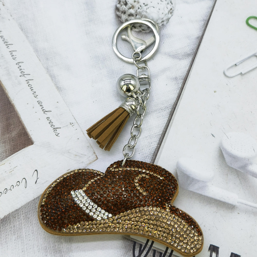 Llavero de sombrero de vaquero con diamantes de imitación y estampado de fotos