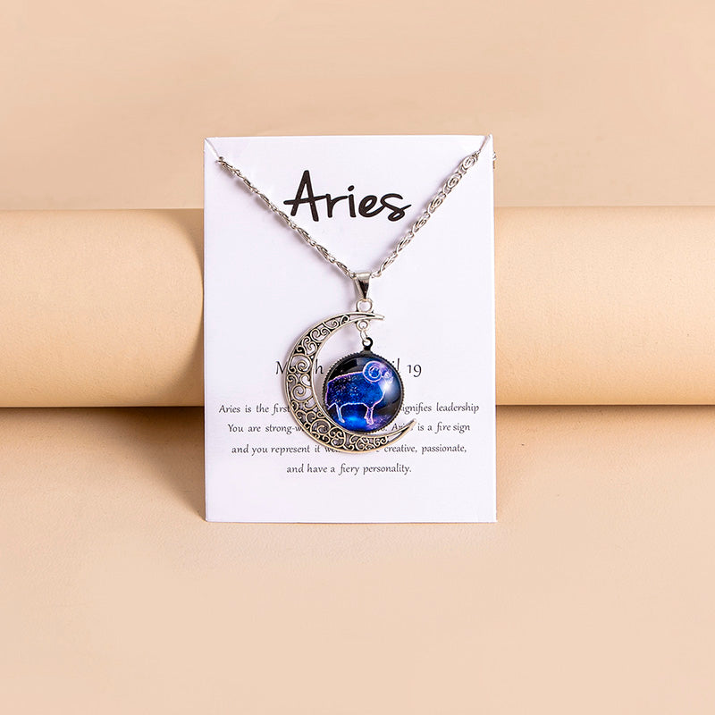 Collar con colgante de luna y 12 abalorios de cristal con signos del zodiaco para mujer y niña