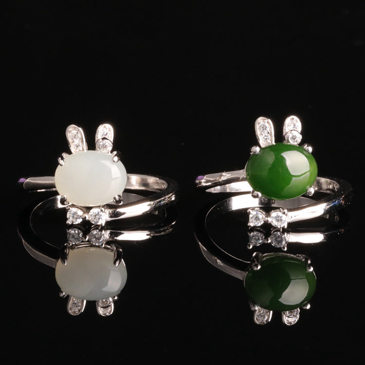 Großhandel Sterlingsilber 925 Retro Kaninchen Jade Verstellbare Damenringe Krappenfassung Jaspisringe