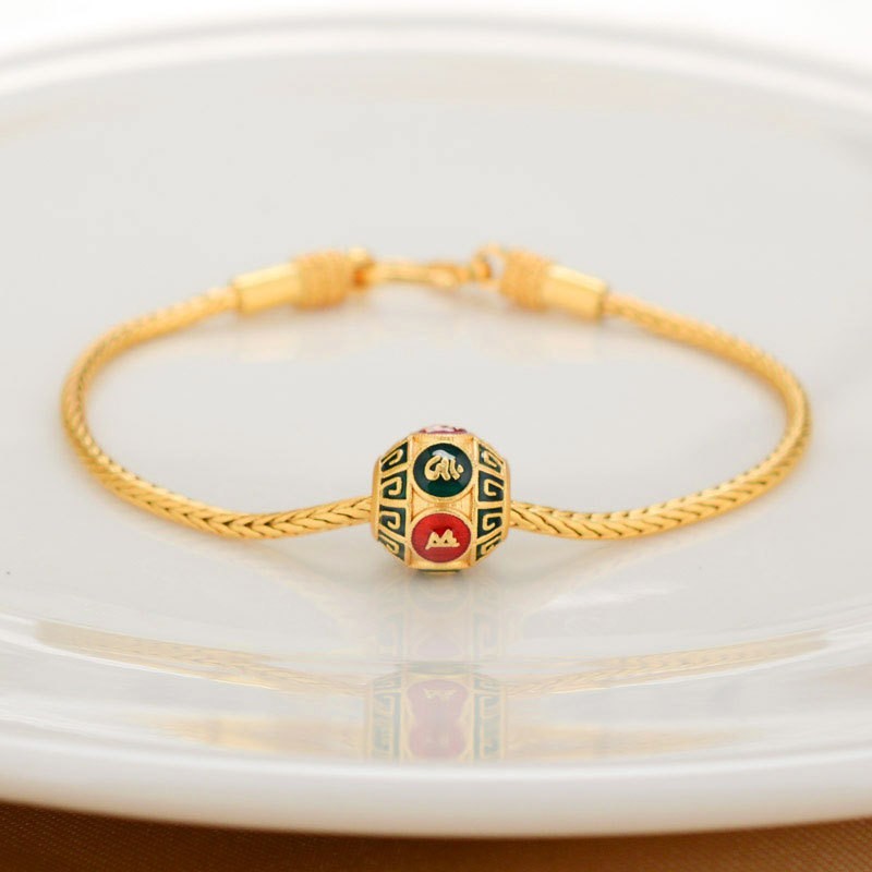 Pulsera de Cobre Puro Dorado Antiguo de Oro Aluvial con Cuentas de la Suerte y Tarjeta de Bendición