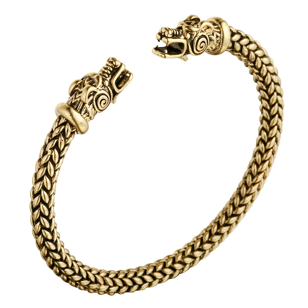 Asgard Crafted Brazalete torques de acero inoxidable hecho a mano con cabeza de lobo gris