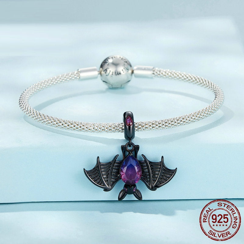 Sterling Silber S925 Fledermaus-Baumelperlen Schwarz Vergoldet Zirkon Turmalin Dunkler Anhänger