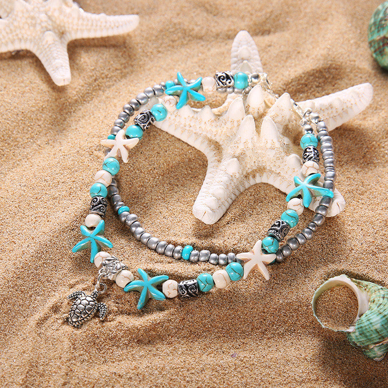 Tobillera de playa, tortuga, estrella de mar, turquesa