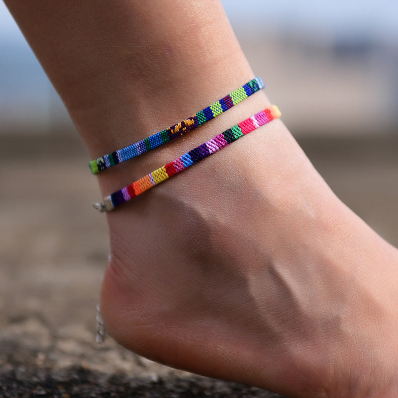 Pulsera de tobillo bohemia de cadena, de hilo, hecha a mano