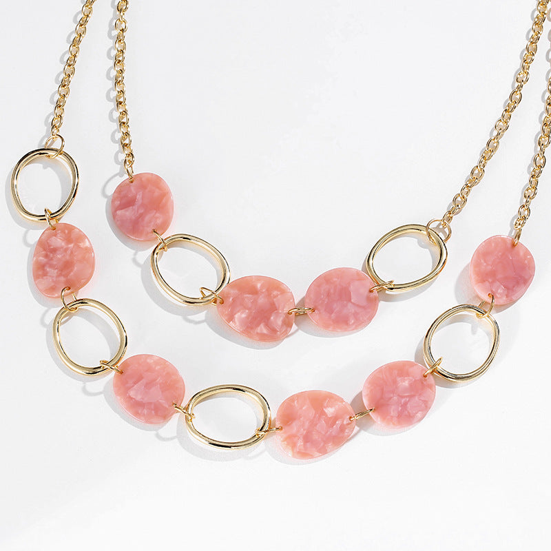 Collar corto de mujer multicapa con placa de acetato y círculos geométricos de aleación regular