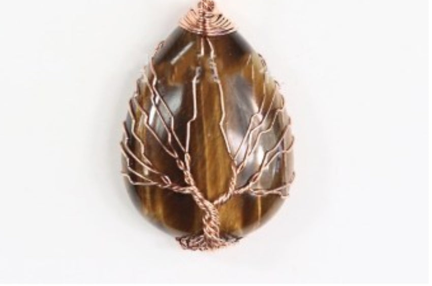 Natürlicher Quarz-Opal-Stein-Anhänger Handgemachte Roségold-Farbe Handgemachter Lebensbaum Umwickelter Tropfenförmiger Kristall-Anhänger-Halskette