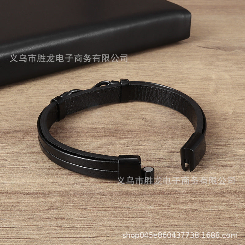 Pulsera de cuero y acero inoxidable, diseño popular para hombre