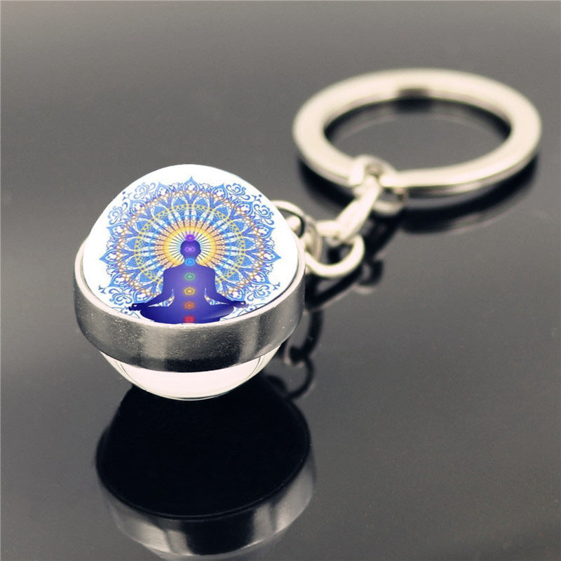 Nuevo Llavero con Colgante de Bola de Cristal de Doble Cara con Símbolo de Yoga
