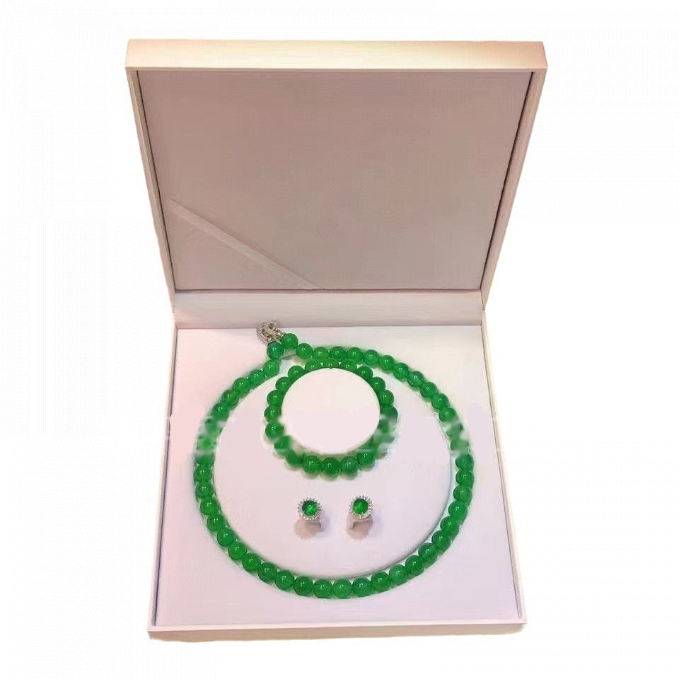 Gao Bing Emperador Jade Calcedonia Bola Pulsera Collar Pendientes Set