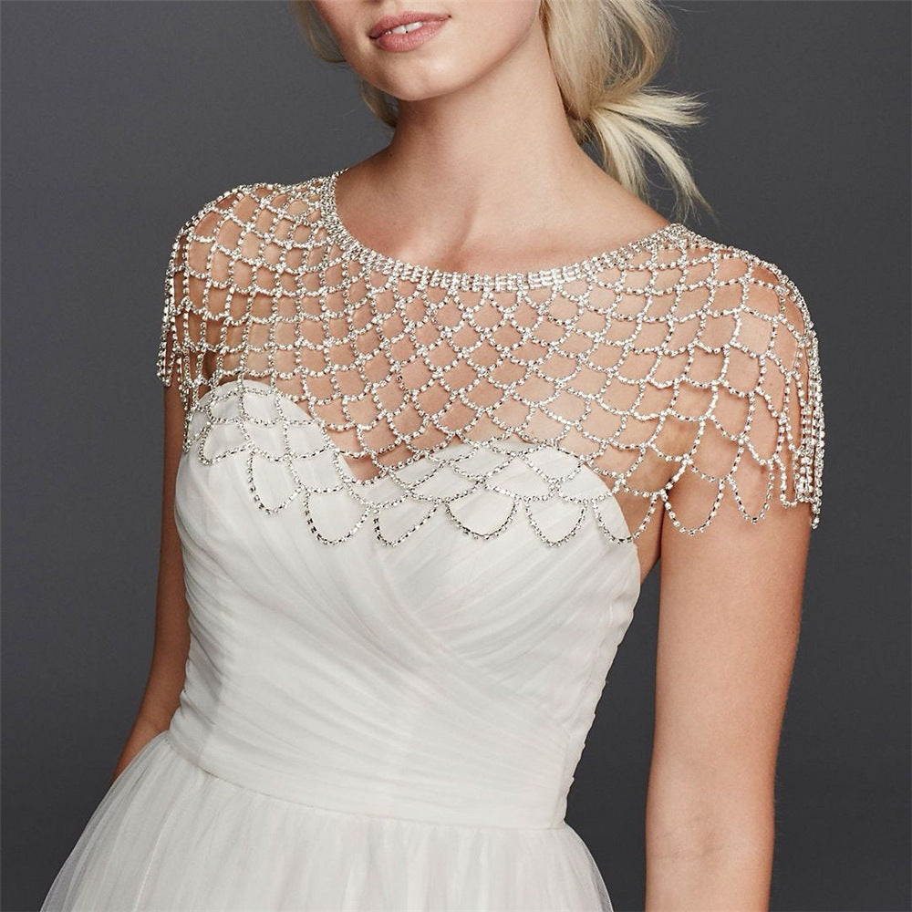 Moda Diamantes de imitación Malla Hueco Borla Larga Colgante Cadena de Hombro Boda Nupcial Vestido de Noche Mantón de Cristal