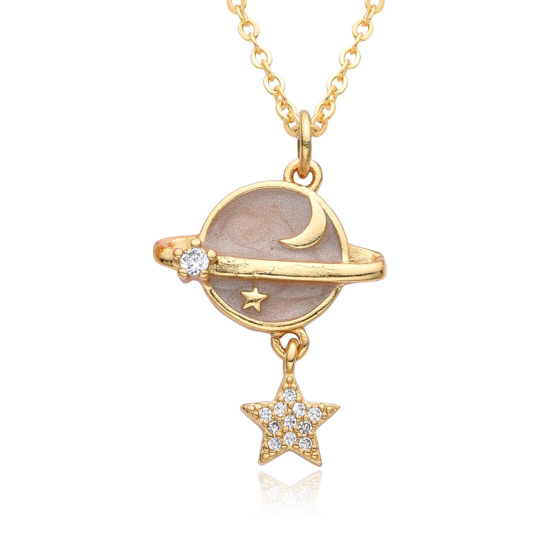 Copper Micro Inlay Color Zircon Personality Planet Pendant Plated 18K Gold Necklace