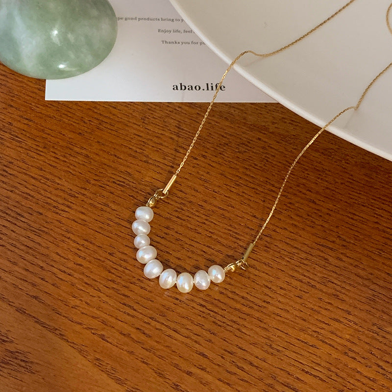 Titanium Steel Oval Freshwater Pearl Necklace Necklace Women's Gold Silk Clavicle Chain