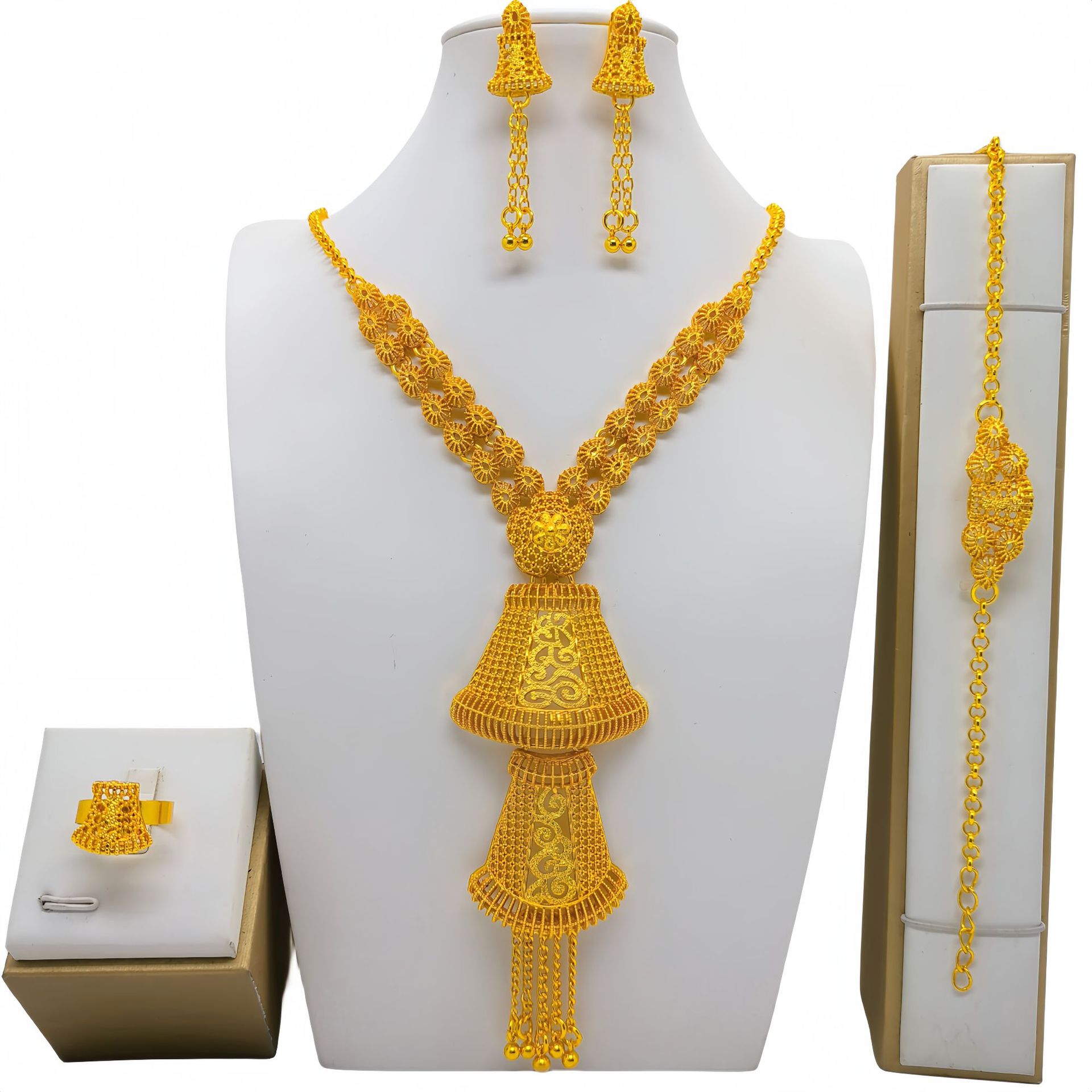 Traje de joyas de oro, collar, pulsera, pendientes y anillo de boda nupcial árabe