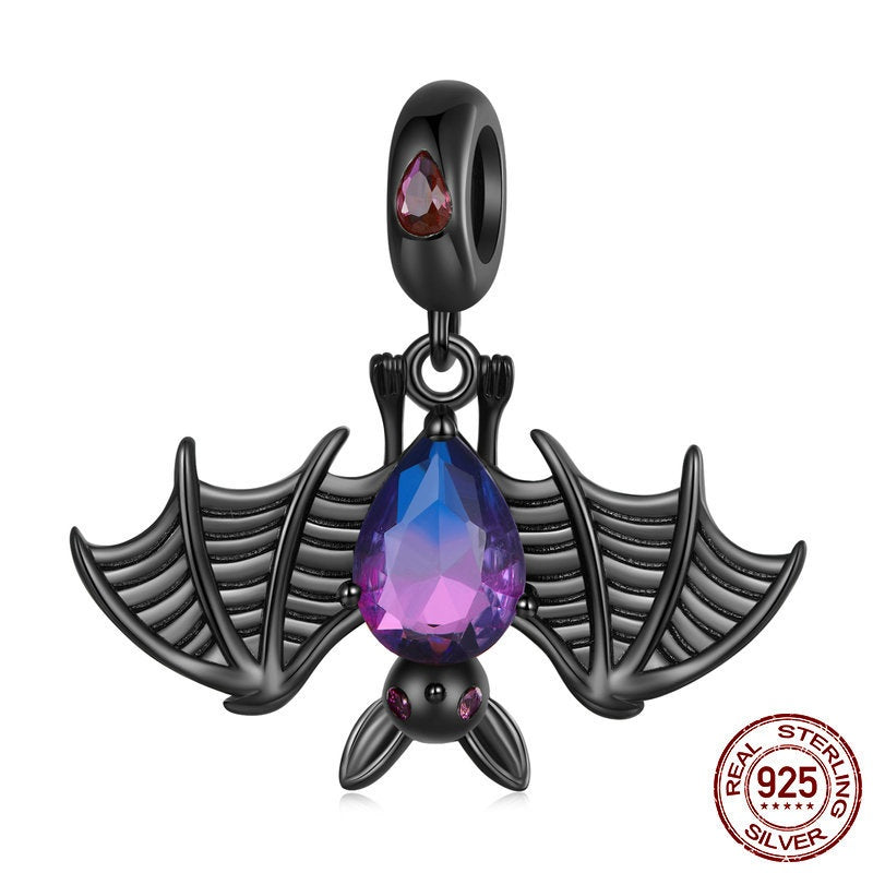 Sterling Silber S925 Fledermaus-Baumelperlen Schwarz Vergoldet Zirkon Turmalin Dunkler Anhänger