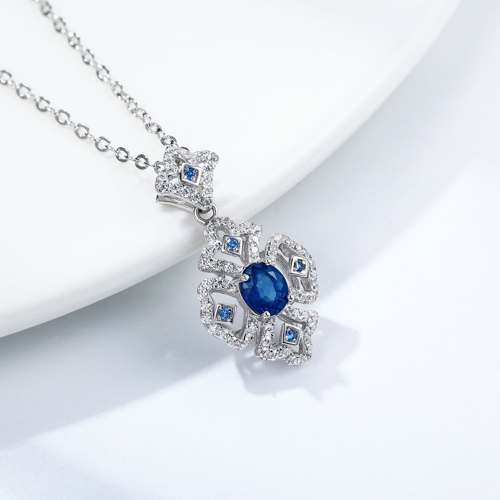 S925 Silber Retro Muster Halskette Damen Vielseitiger Natur Saphir Anhänger