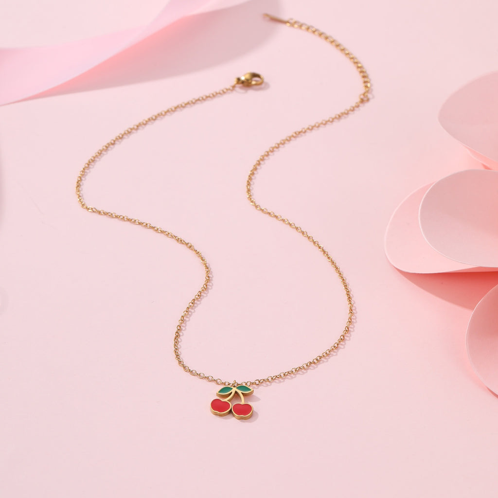 Collar con colgante de cereza, pulsera, pendientes de acero titanio y anillos