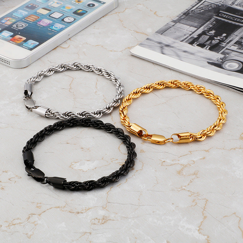 Pulsera de acero inoxidable con cadena trenzada de doble color dorado para hombres y mujeres