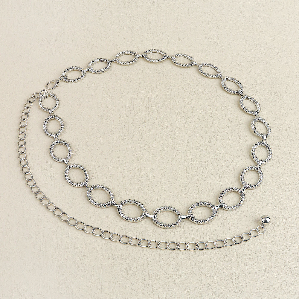 Cadena de cintura para mujer, sentido superior, círculo ondulado, cadena de metal con jeans, todos los accesorios de moda
