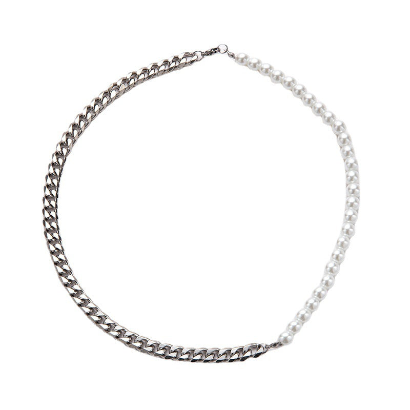 Stitching Stainless Steel Cuban Chain Pearl Necklace For Men