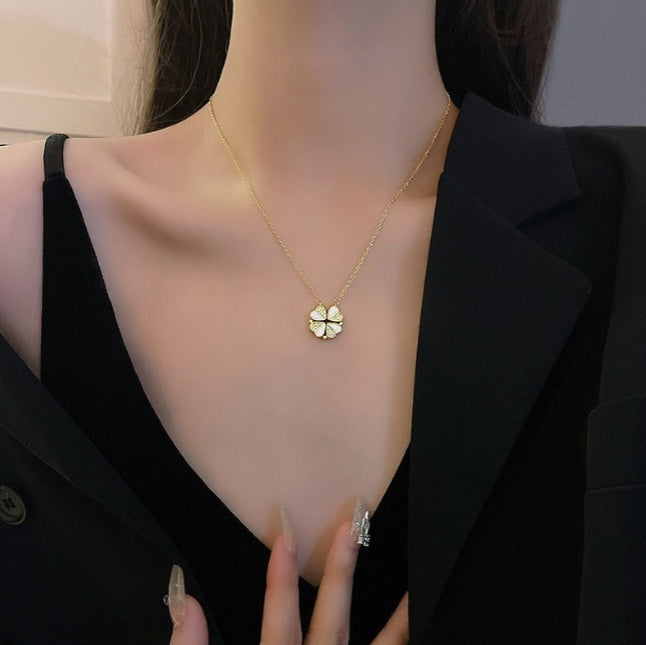 Luxus Kleeblatt-Anhänger-Halskette Edelstahl Kristall Herz Schmuck für Damen Geschenk