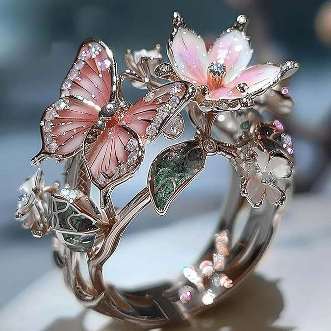 Anillo de mujer de mariposa y flor con aceite goteante, con incrustaciones de cristal 3D brillante, elegante, ajustable y transparente, chapado en oro, con diseño de animales e insectos, estilo estético, joyería de moda