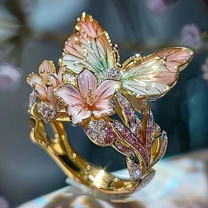 Anillo de mujer de mariposa y flor con aceite goteante, con incrustaciones de cristal 3D brillante, elegante, ajustable y transparente, chapado en oro, con diseño de animales e insectos, estilo estético, joyería de moda