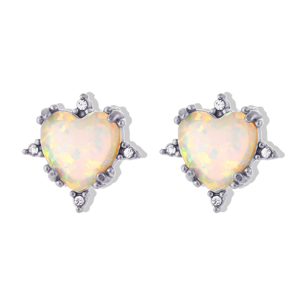 European And American Fashion Retro Popular Bracelet Ear Studs Stainless Steel Gold-plated Peach Heart Opal Necklace
