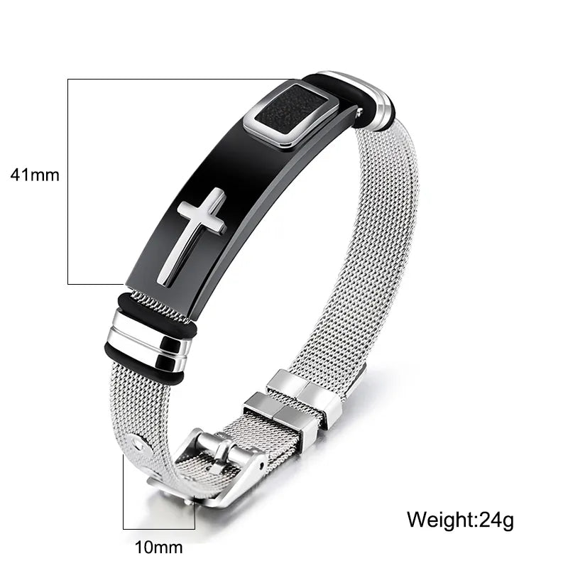 Herren Verstellbares Armband 3D Kreuz Edelstahl Mesh-Kettenarmbänder Armreifen