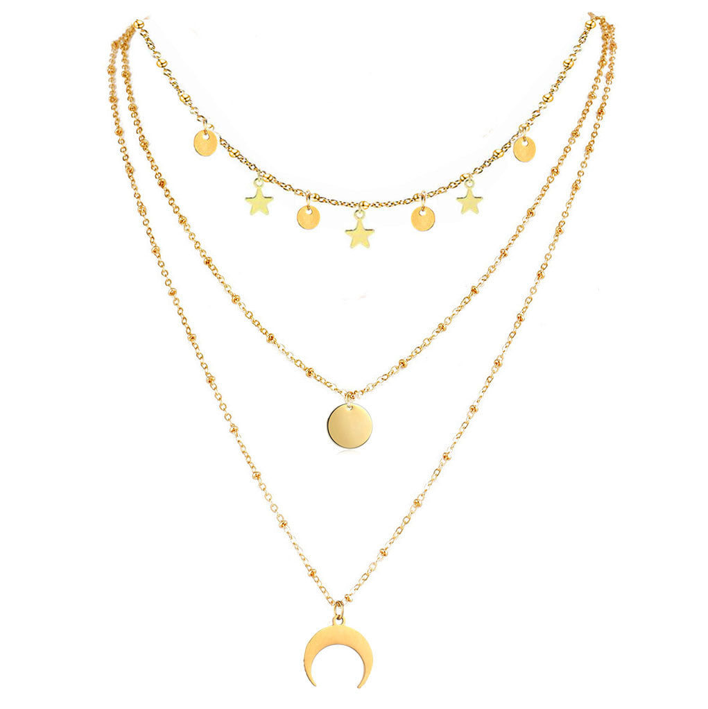 Collar Nuevo de Lentejuelas de Estrella de Acero Inoxidable de 3 Capas con Borlas de Moda Europea y Americana