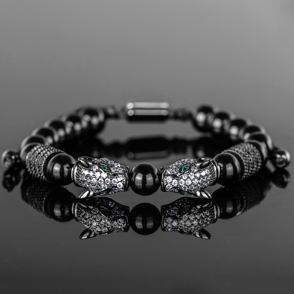 Men's Black Double Leopard Head Braided Stainless Steel Roman Numeral Bracelet Suit