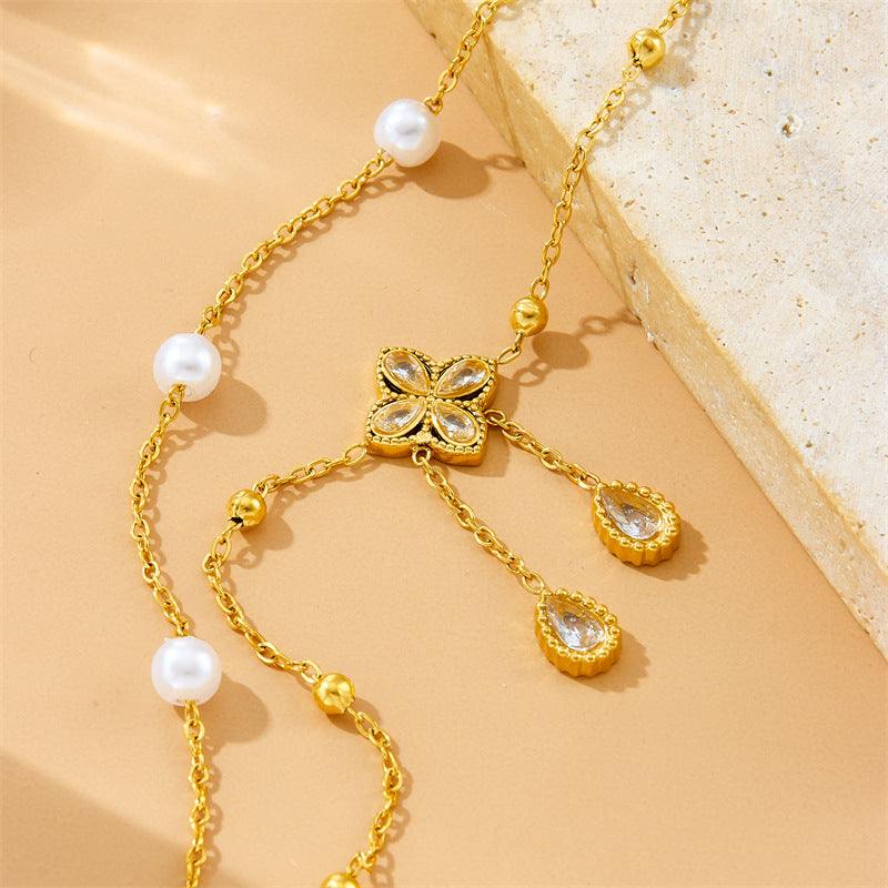 Tobillera de perlas con flor de diamante y doble capa de diamantes gemelos a la moda