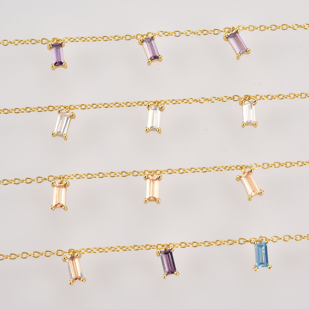 Simple Color 3 Square Stone Rainbow Sterling Silver Bracelet