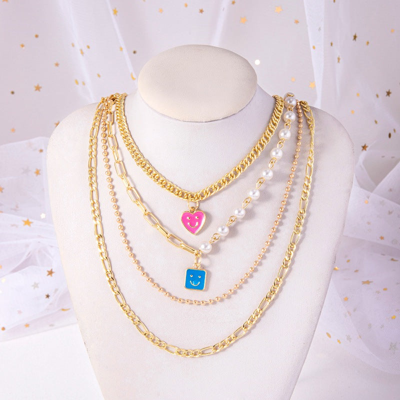 Email Smiley-Gesicht Anhänger Perlenkette Boho Gold Mehrschichtige Grobe Kette Statement Halsketten Choker für Damen