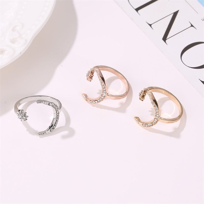 Anillos Abiertos de Luna y Estrella con Diamantes de Imitación, Joyería Personalizada de Moda para Mujer