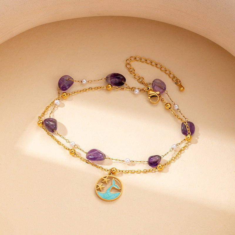 Pulsera de doble cadena con colgante de delfín y perlas de piedra artificial azul púrpura