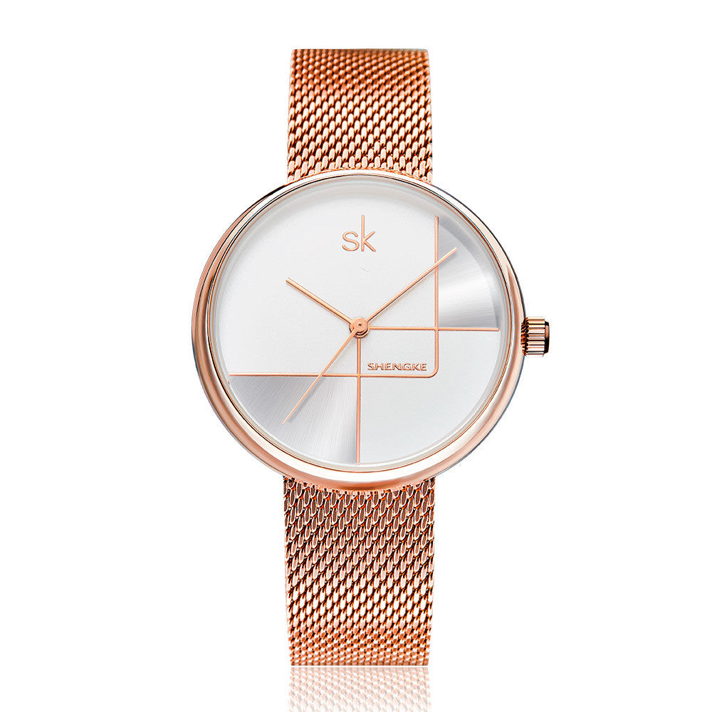 Reloj de cuarzo con correa de malla y diseño geométrico sencillo para mujer