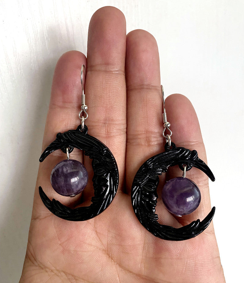 Gotisches Gesicht Schwarzer Halbmond Amethyst Anhänger Halskette Ohrringe