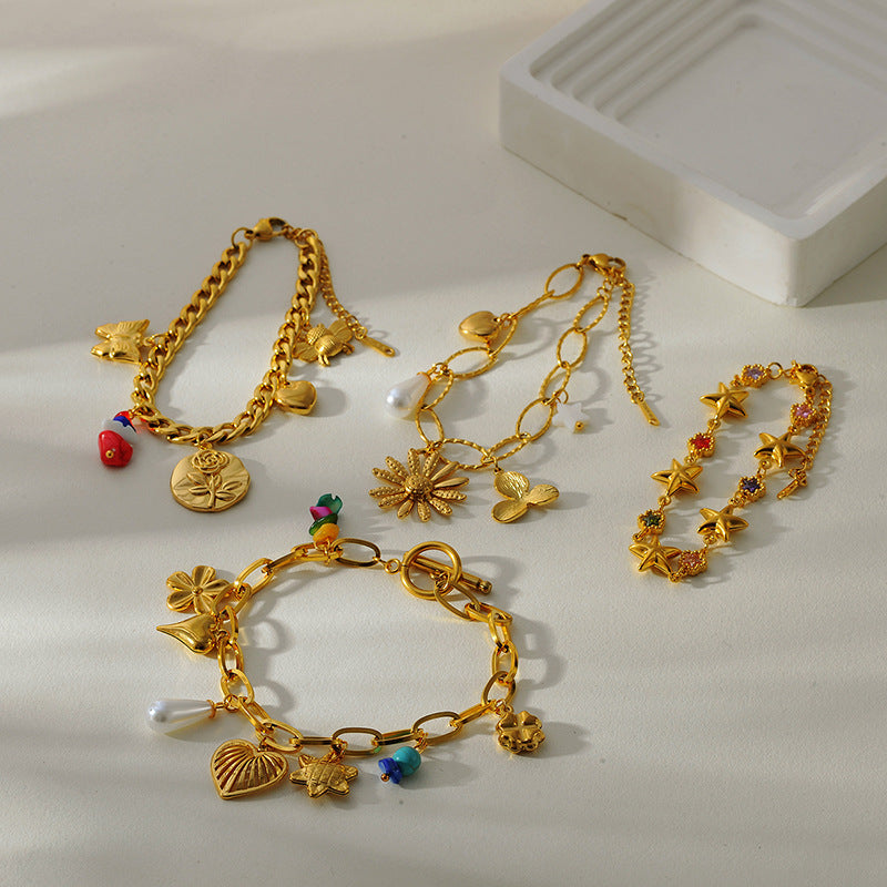 Flower Love Heart Multi-pendant Necklace Stainless Steel Bracelet