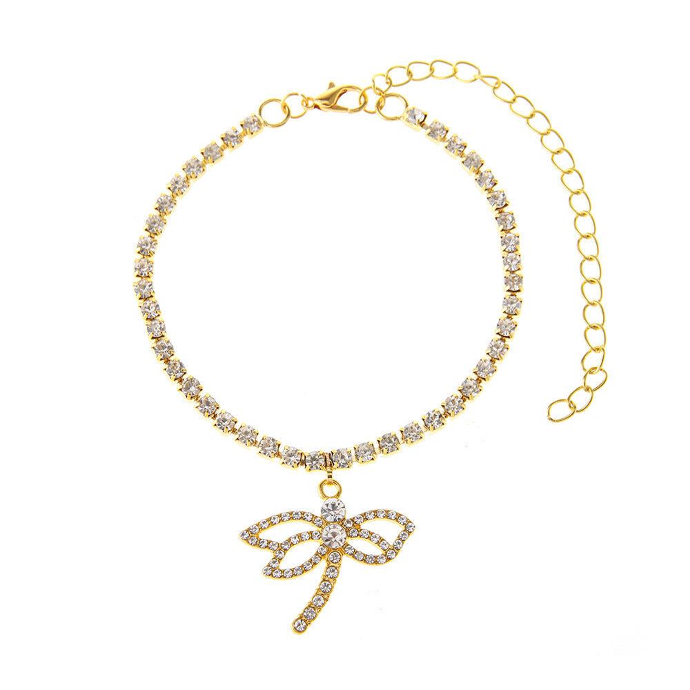 Novedosa Cadena de Tobillera de Diamantes de Imitación Brillante que Combina con Todo con Libélula Personalizada