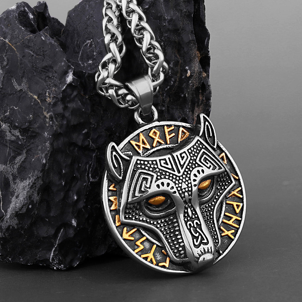 Wikinger Goldener Wolfskopf Aoding Rune Titan-Stahl-Anhänger für Herren
