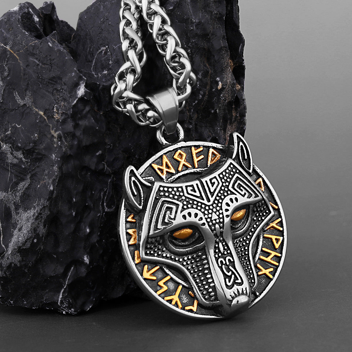 Wikinger Goldener Wolfskopf Aoding Rune Titan-Stahl-Anhänger für Herren