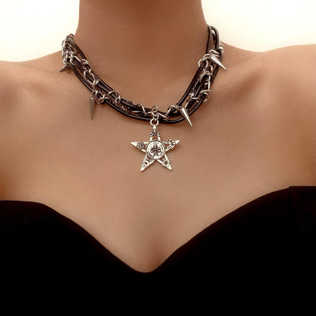 Y2k Nieten Totenkopf Sterne Anhänger Halsketten Hot Girls Gothic Punk Nischen Design Sweet Cool Trendy Modeschmuck Accessoires