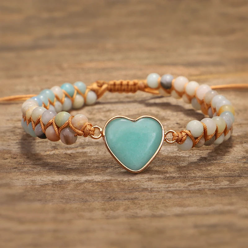 Klassische Herzform Charms Armbänder Amazonit Schnur Geflochtenes Makramee Armband Teengirls Wickelarmband Damen Schmuck