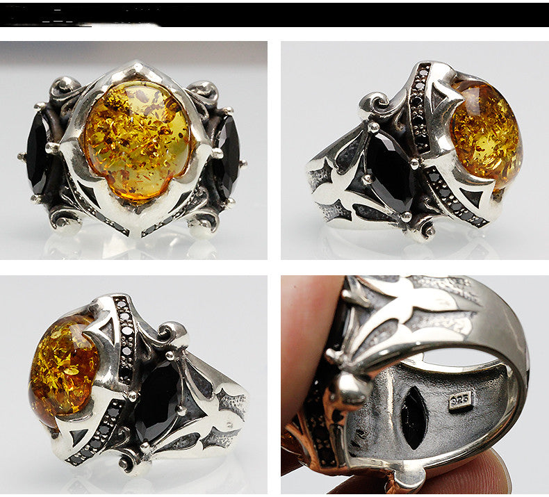 Anillo de plata tailandesa 925 retro con gema negra ámbar