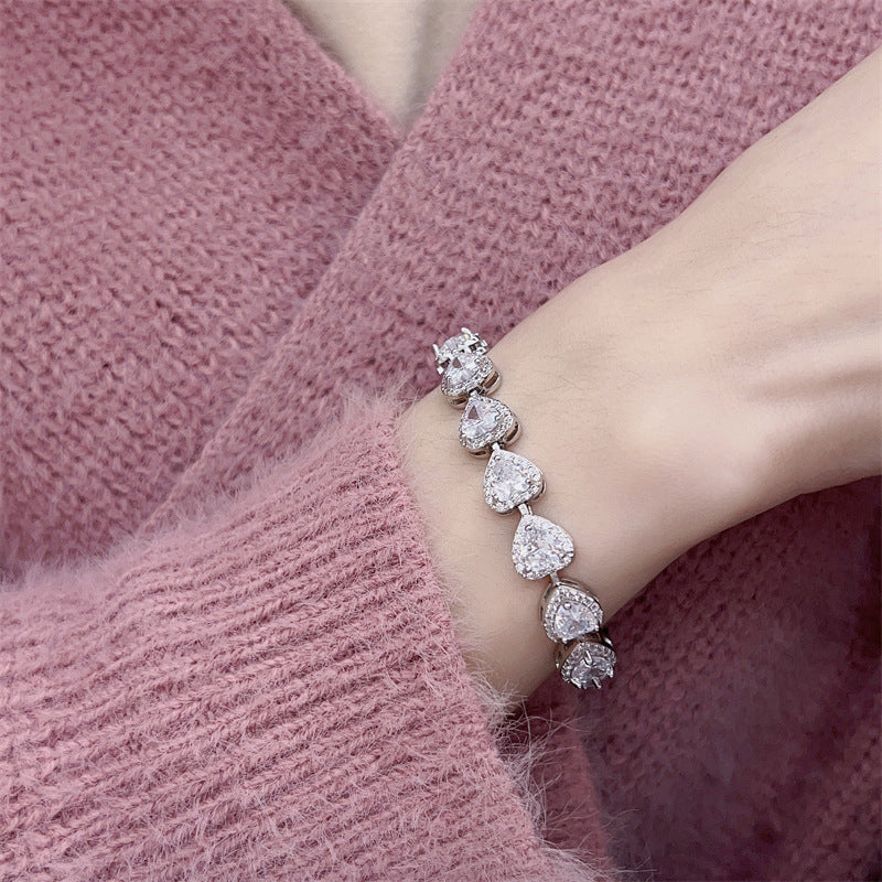 Peach Heart Full Rhinestone Zircon Bracelet For Women