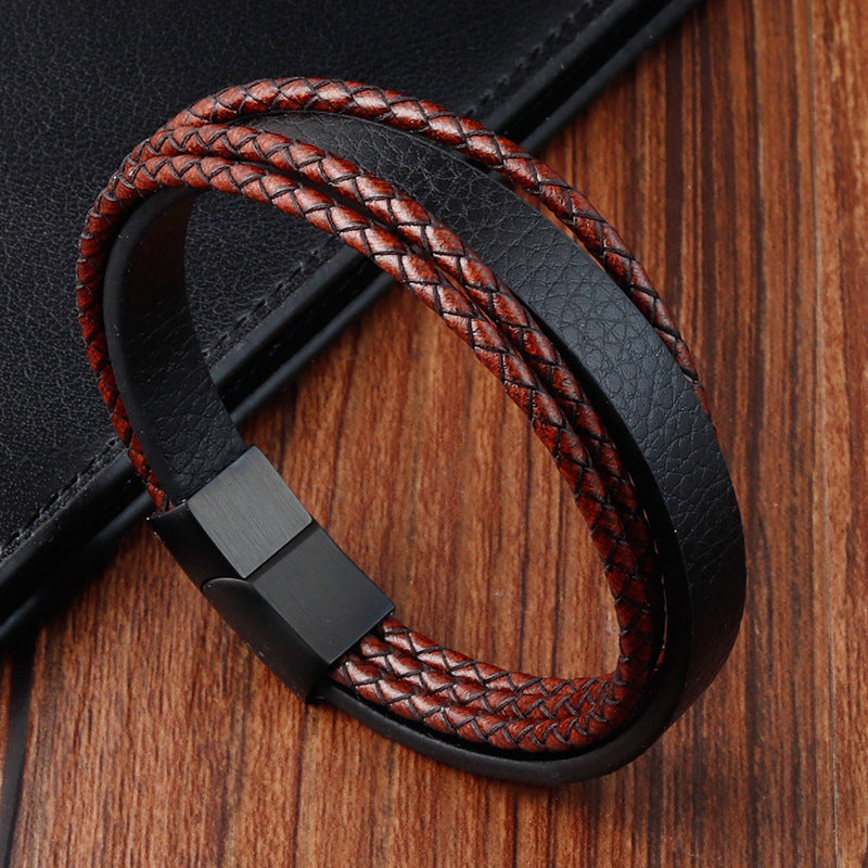 Pulsera de cuero trenzado multicapa retro