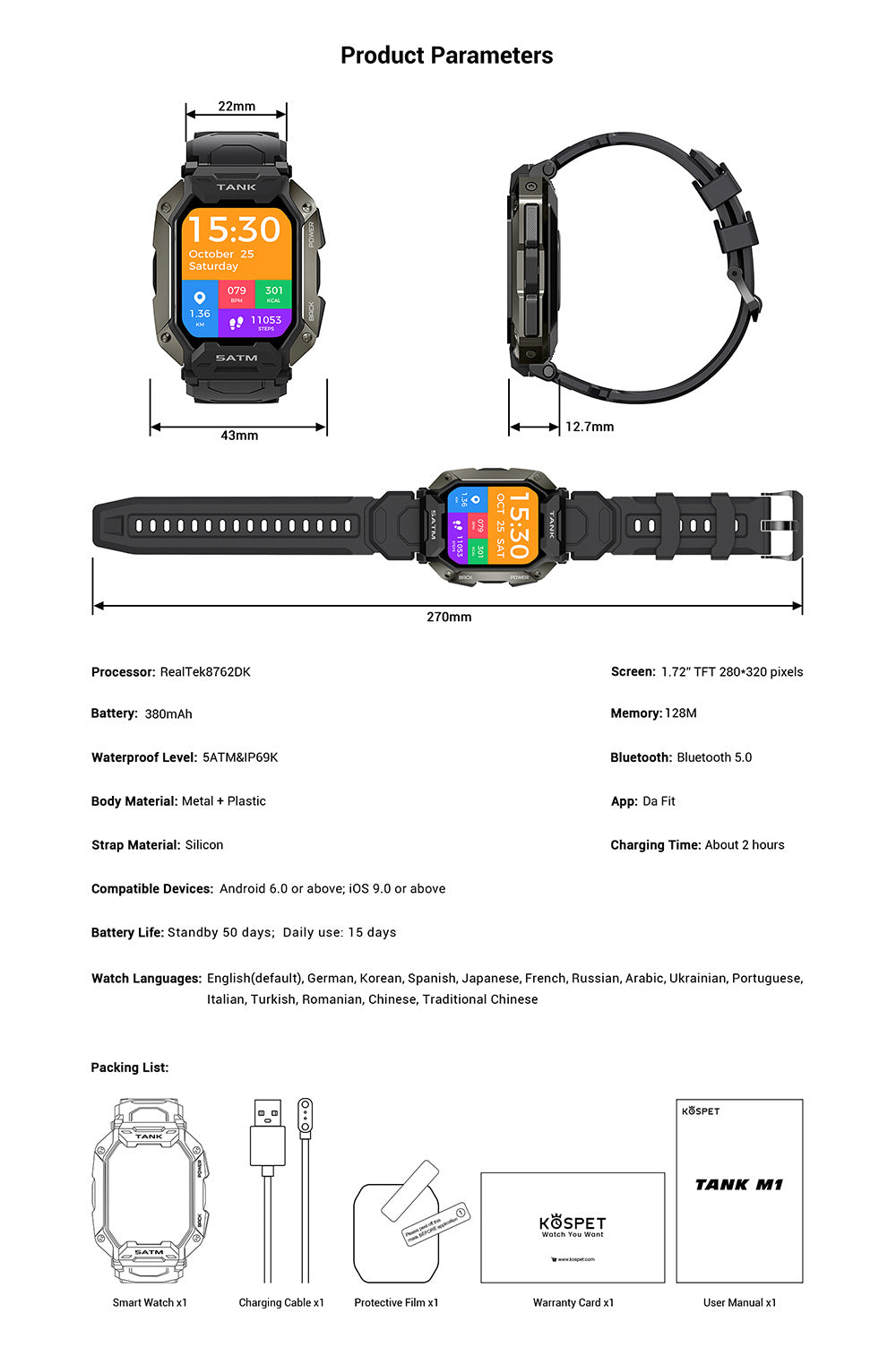 Outdoor Smartwatch 5ATM IP69K Wasserdicht Bluetooth