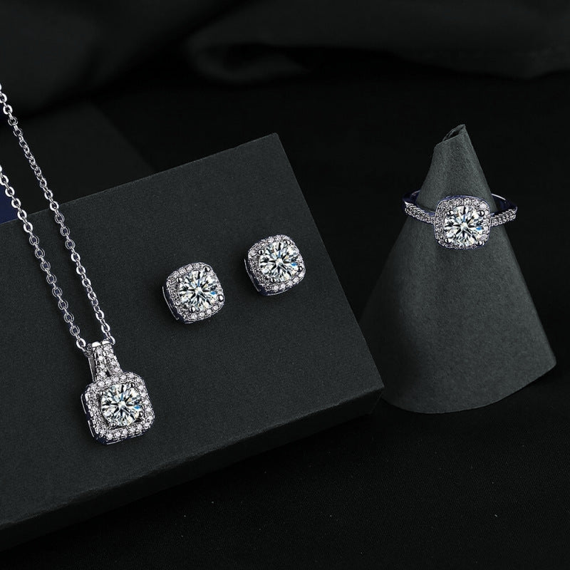 Quadratische Tasche Diamant-Halskette Ringe Ohrstecker Set