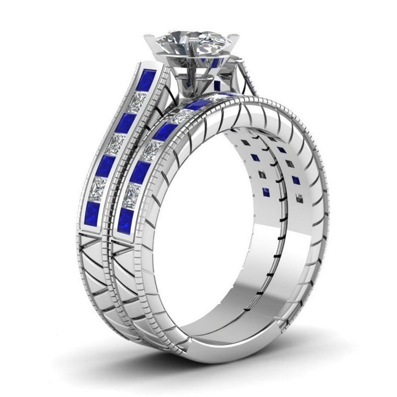 Anillos de pareja de diamantes blancos y azules para mujer