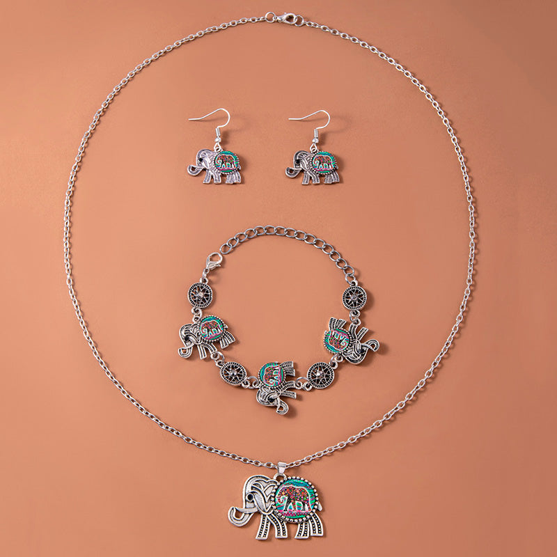 Vintage Ethno Thailändischer Silber Elefant Schmuckset Halskette Armband Ohrringe Für Frauen